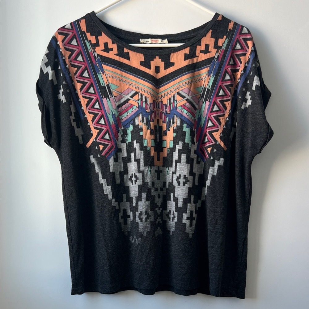 Bershka Black Short Sleeve Top with Coral Teal Purple Geometric Print